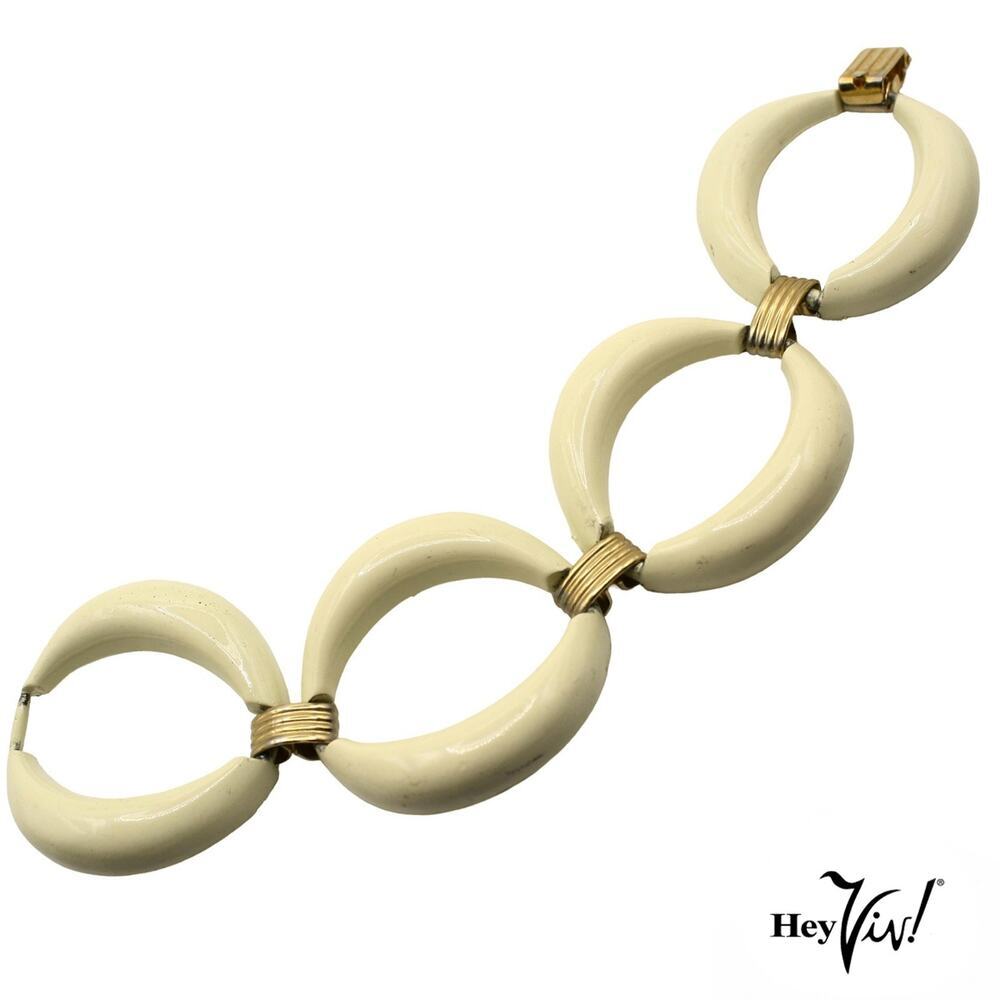 Vintage 1960s Mod Off White Enamel Link Bracelet Gold Tone Accents 7" - Hey Viv